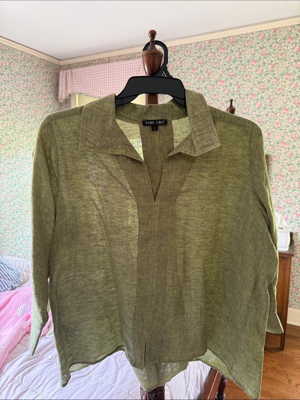 Boho Chic Olive Green Linen V-Neck Top